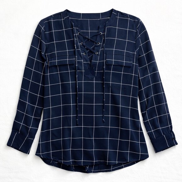 Madewell Tops - Madewell Silk Windowpane Lace Up Blouse Navy Long Sleeve Size S